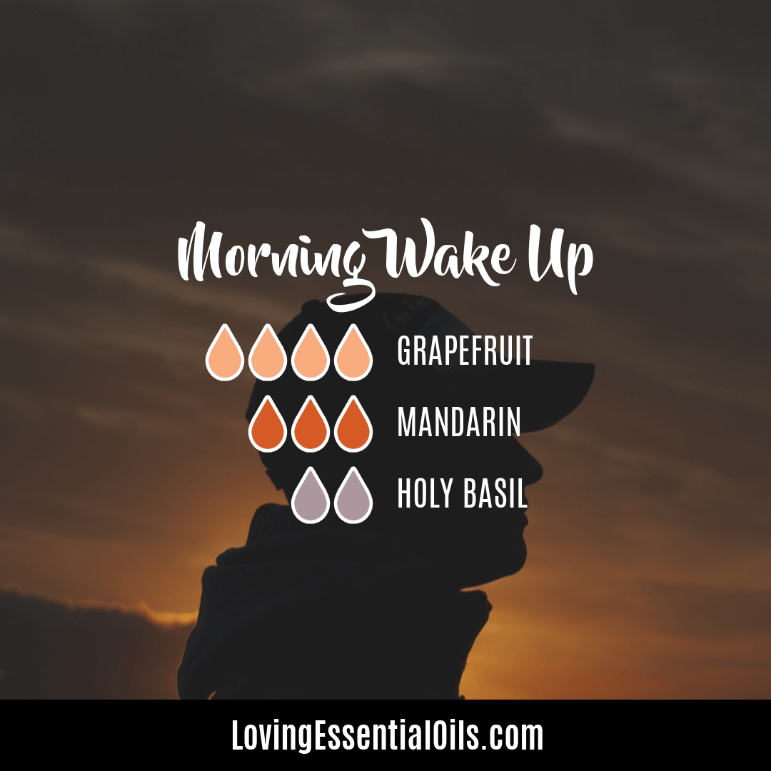 Holy basil essential oil diffuser benefits and blends - Morning Wake Up diffuser recipe with mandarin and grapefruit