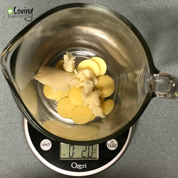 Homemade Lemon Essential Oil Bath Melts by Loving Essential Oils - Step 1: Measure ingredients Shea butter & Cocoa Butter Wafers