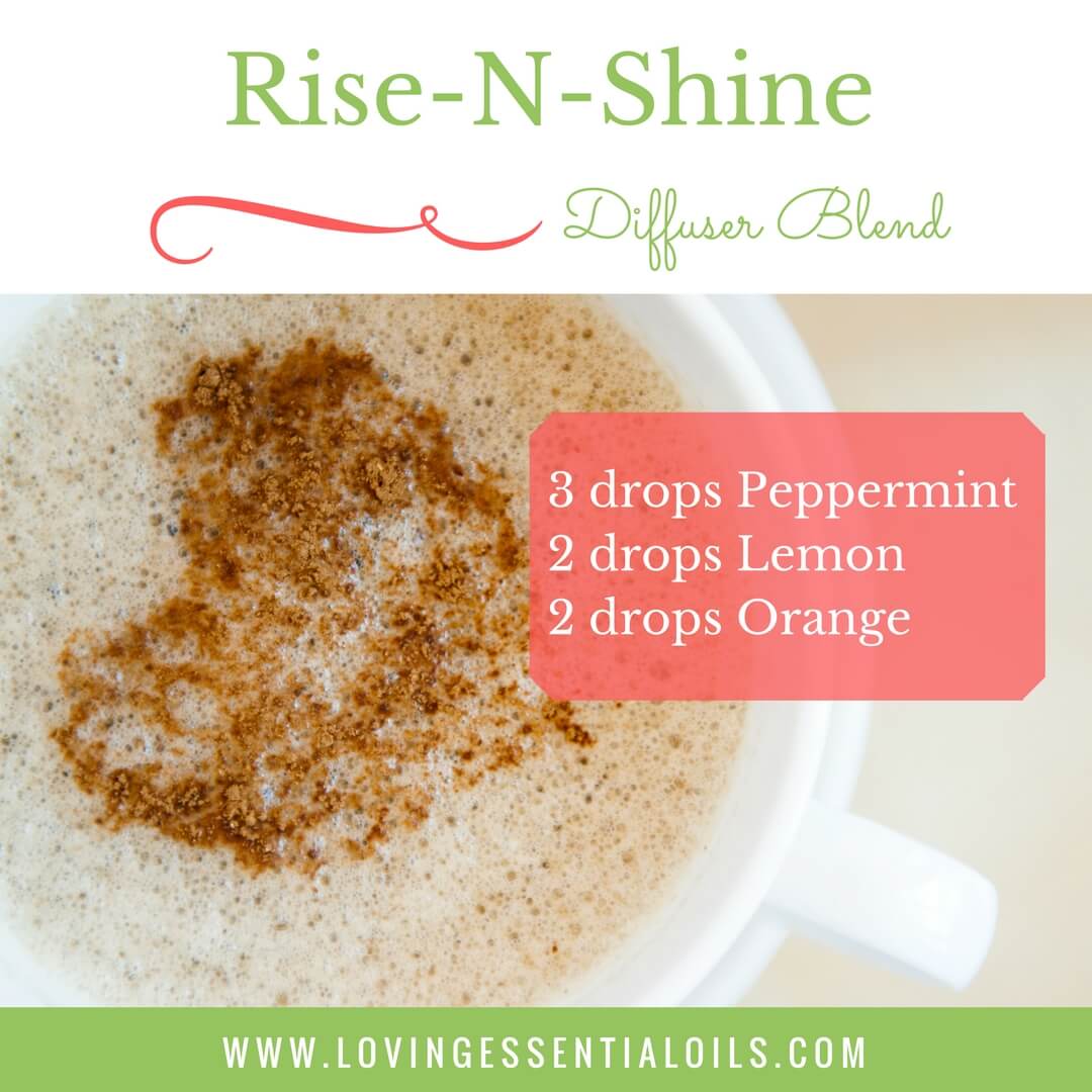 Spring Essential OIl Recipes: Rise-N-Shine Blend with 3 drops peppermint, 2 drops lemon and 2 drops orange by Loving Essential Oils