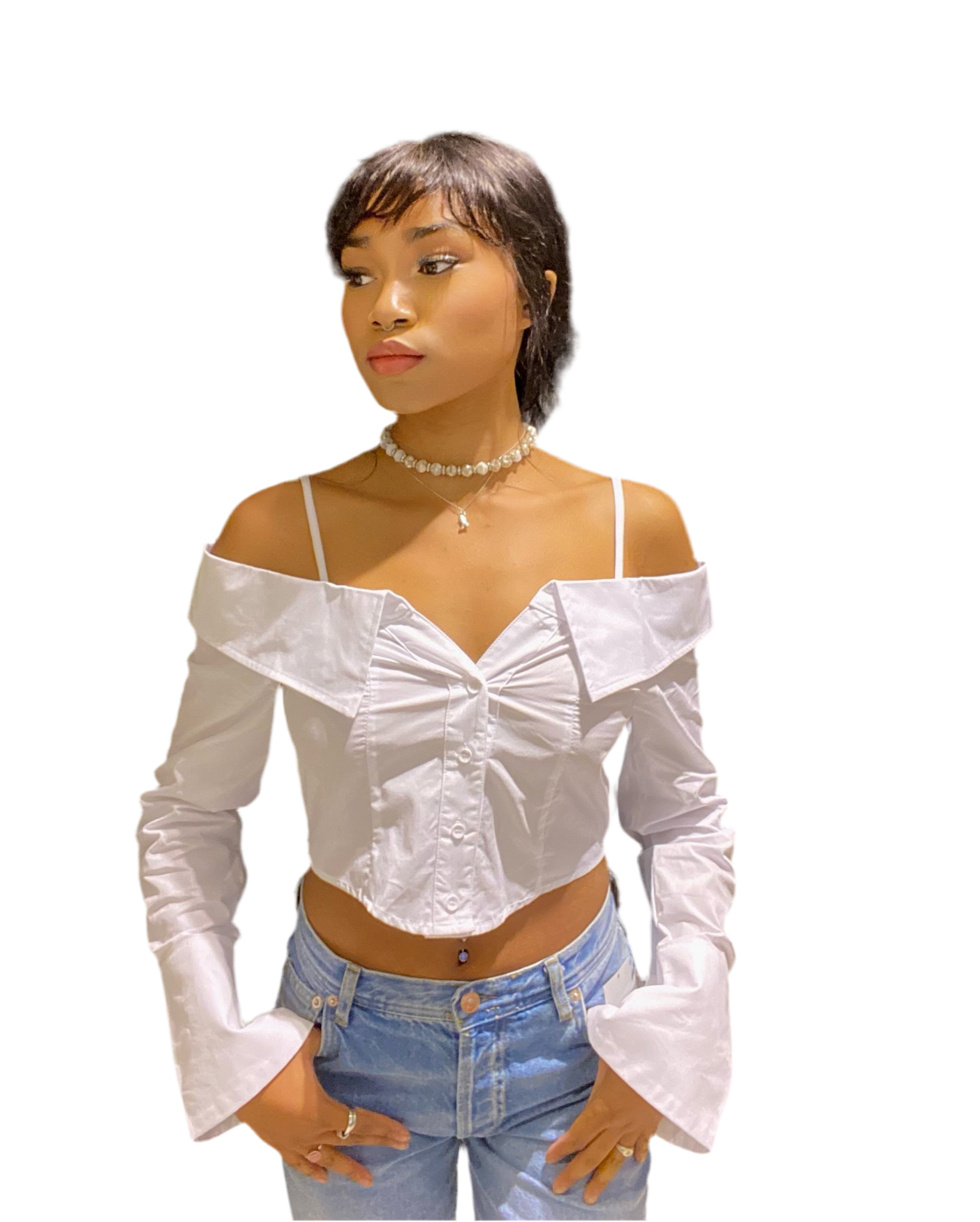 8586: OFF THE SHOULDER CROP BUTTON UP SHIRT