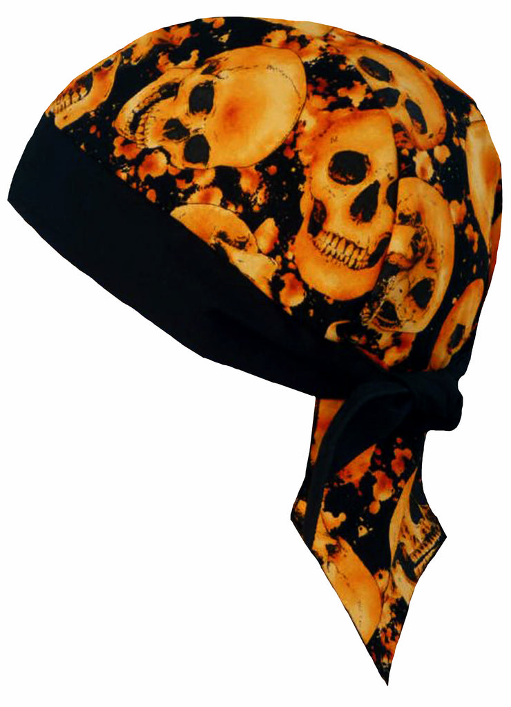 Skull Doo Rag Motorcycle Cap Skeleton Heads Orange and Black Biker Dor