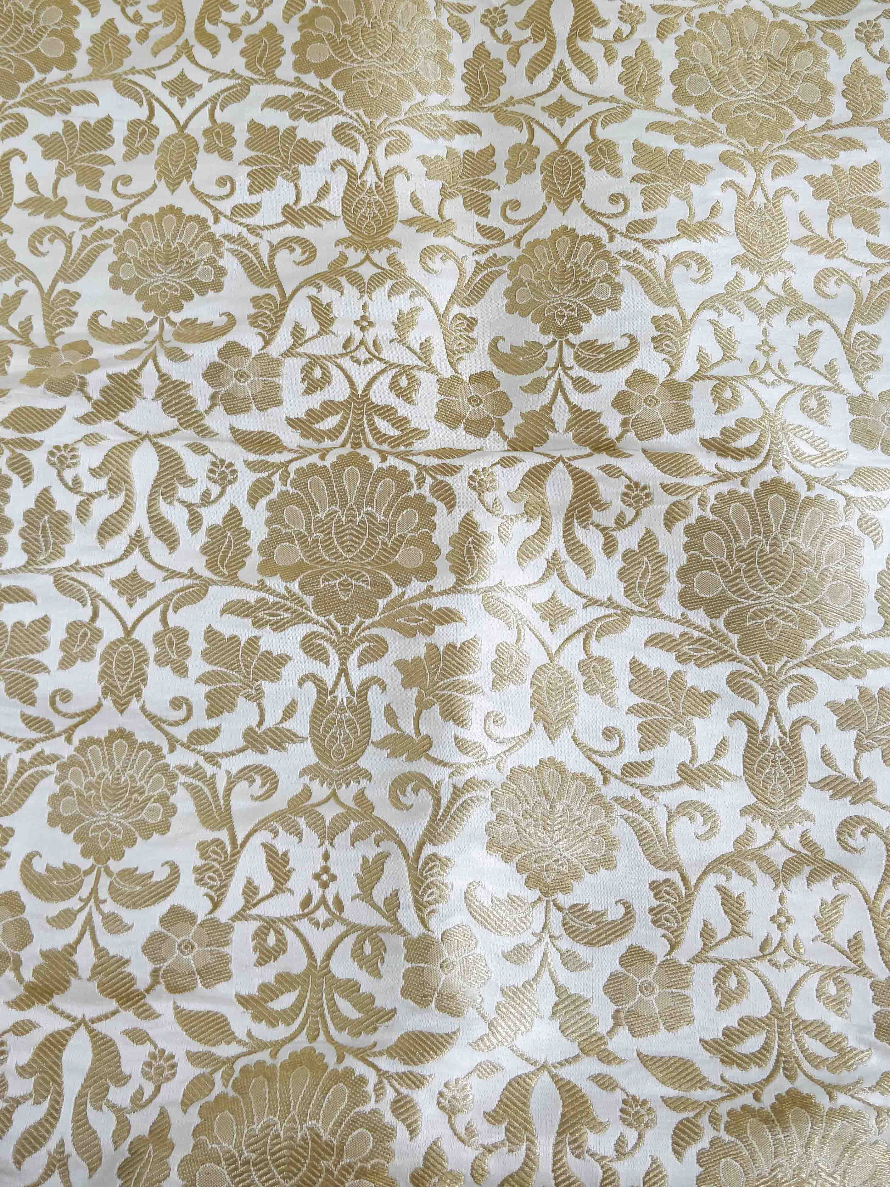 Banarasee Satin Brocade Antique Gold Zari Floral Jaal Fabric f White