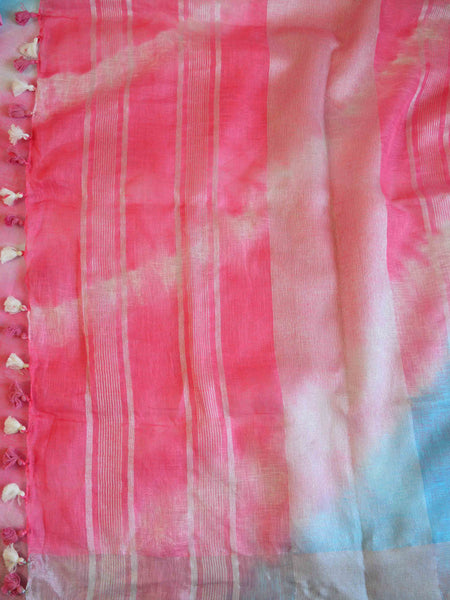 Banarasee Handloom Pure Linen Shibori Dye Silver Border Saree-Pink & B