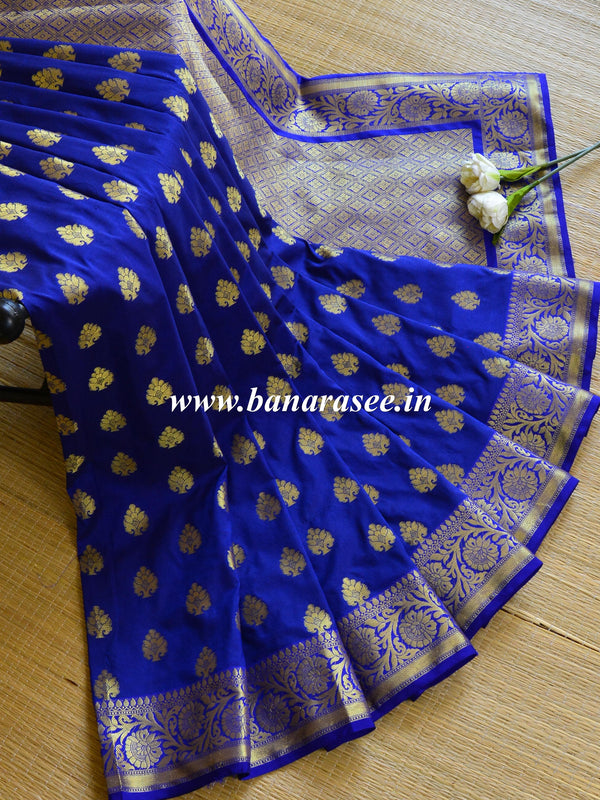 Magnificent Royal Blue Banarasi Linen Saree with Silver Zari Border -  Loomfolks