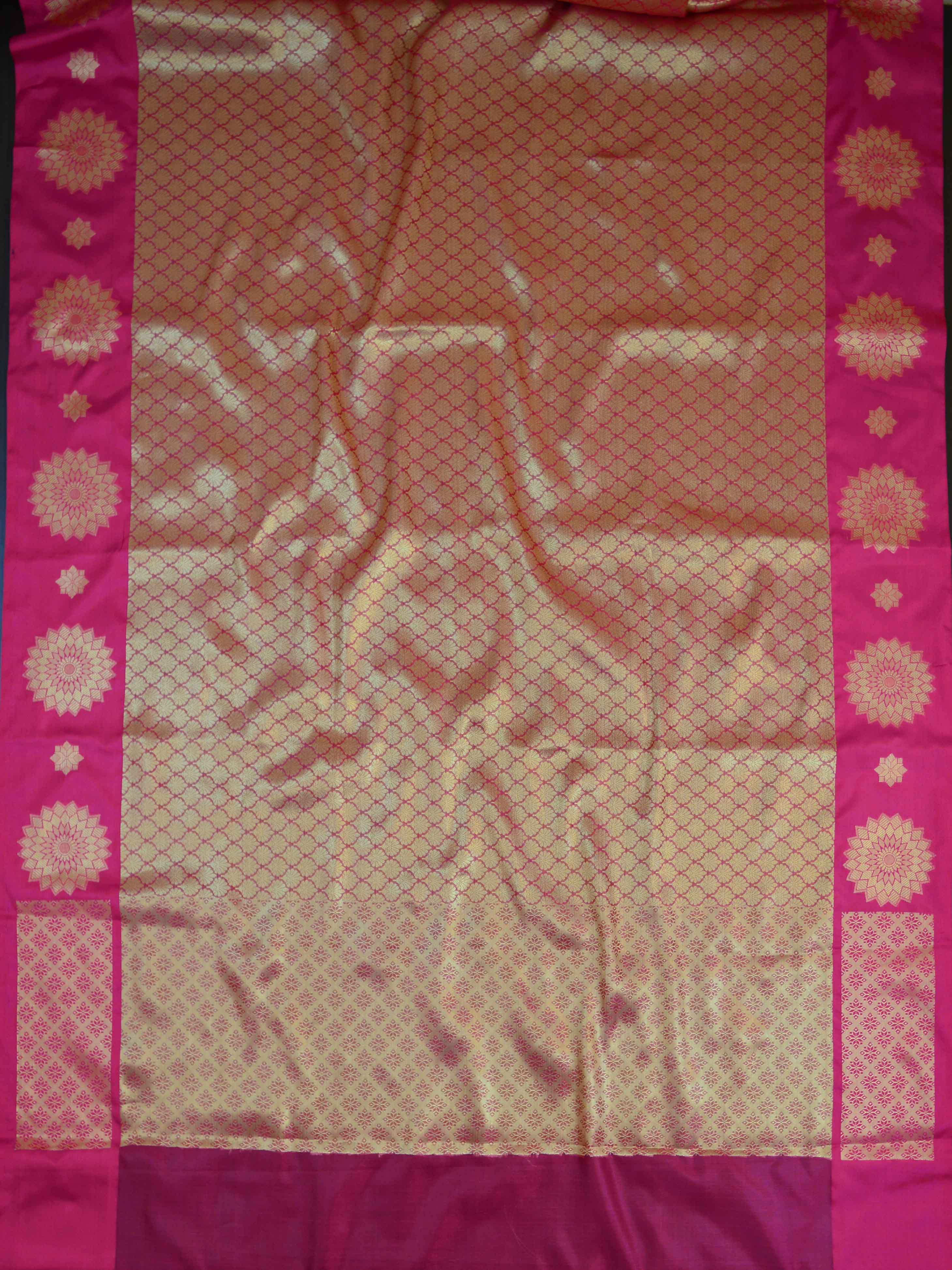 Banarasee Handwoven Semi Silk Saree With Jaal & Satin Border Design-Gold & Pink