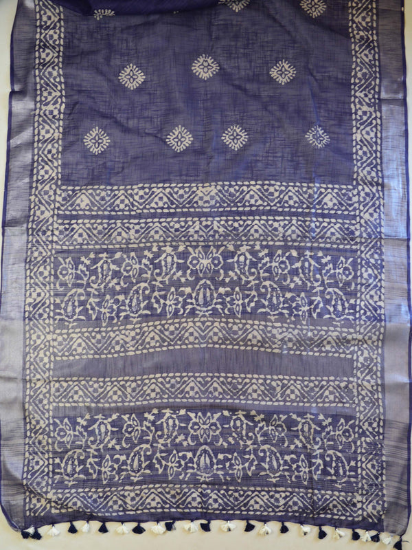 Bhagalpur Handloom Pure Linen Cotton Hand-Dyed Batik Pattern Saree & I