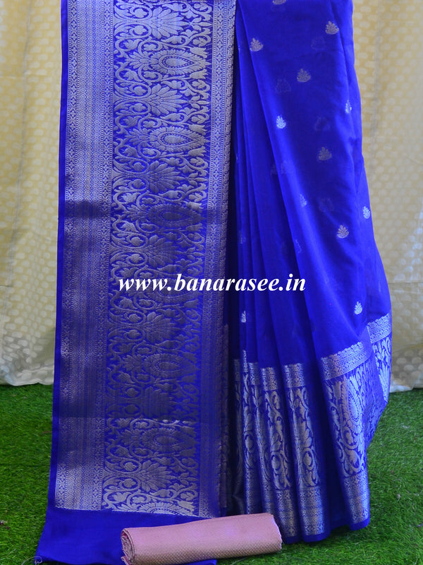 Banarasee Handloom Silk Mix Antique Zari Thin Border Saree-Blue