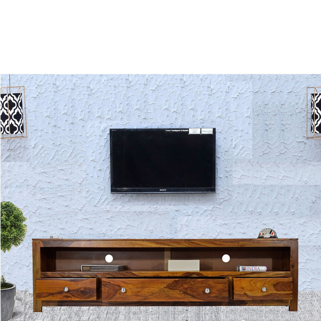 TimberTaste Sheesham Wood 3 Draw NEWDOLLY Natural Teak Modern TV Unit