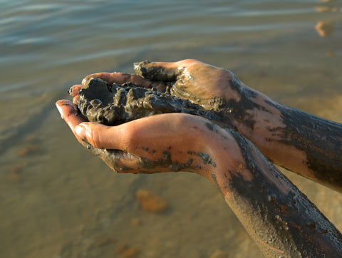 Hands holding Dead Sea mud