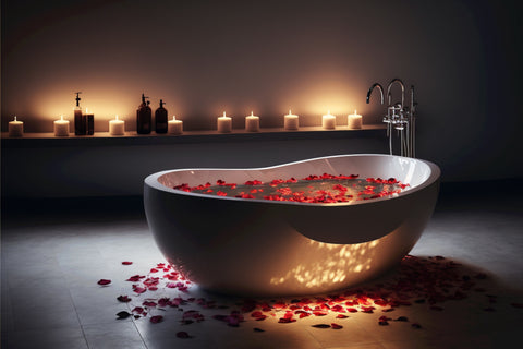 Bath tub with rose petals and candles