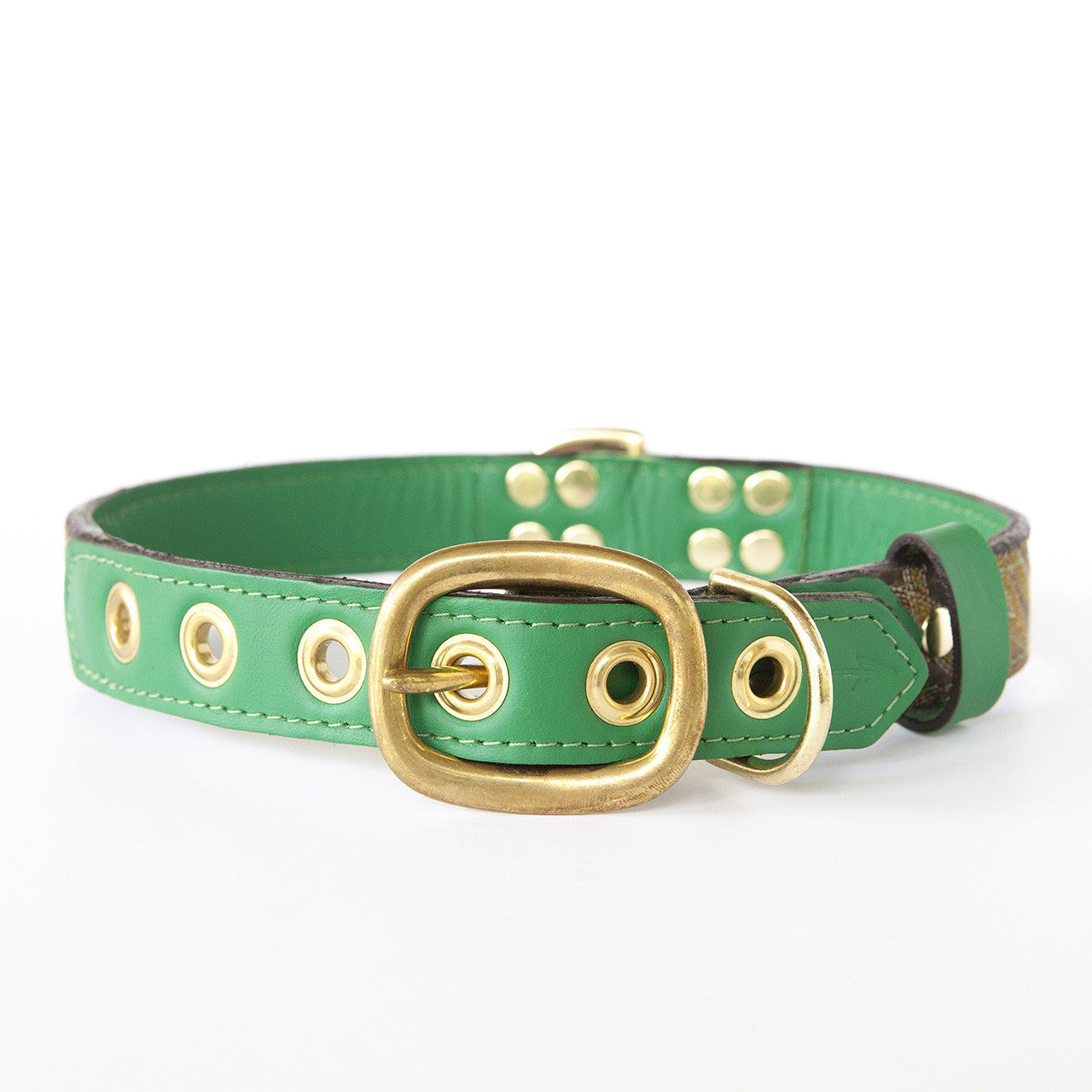 Emerald Green Dog Collar with Dark Brown Leather + Yellow and Tan ...
