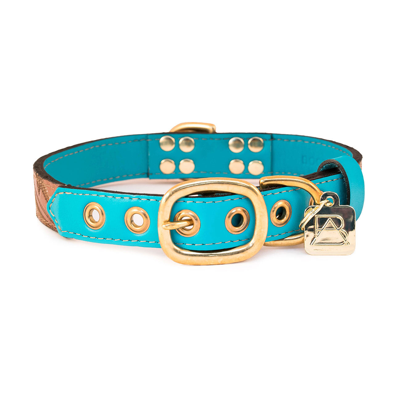 Turquoise Dog Collar with Mahogany Leather + Brown/Yellow/Ivory Stitching