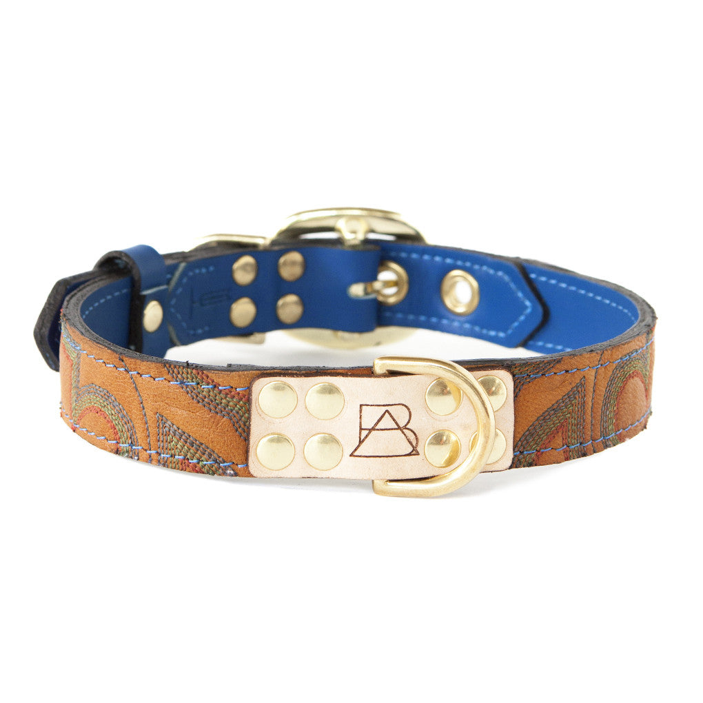 Royal Blue Dog Collar With Orange Leather + Blue/Green/Red Stitching