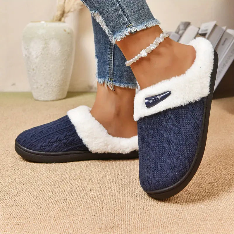 womens slip   slippers with insole non slip backless indoor outdoor shoes plush navy blue winter footwear asian sizes   perfect gift for women mom wife   cold weather footwear ladies slippers fluffy   fur design knitted upper Product details 0
