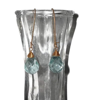 Vintage Aquamarine Faceted Teardrop Gold Tone Wire Wrapped Drop Dangle Earrings on Kidney Wires