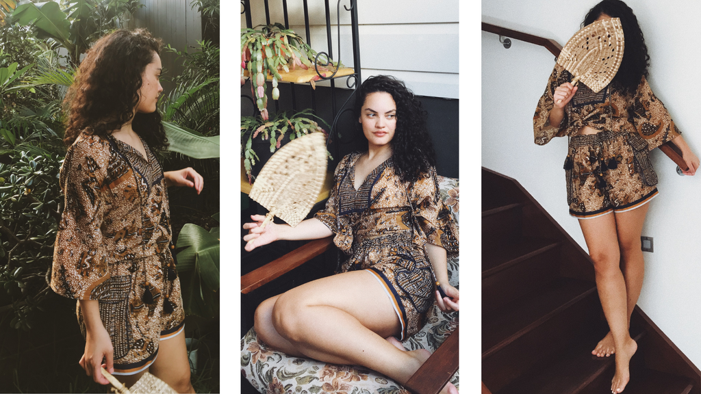 Malianive, a gorgeous Tonganese girl, poses in three different positions wearing a batik inspired matching shorts and top set from the Boom Shankar summer Alofa collection  