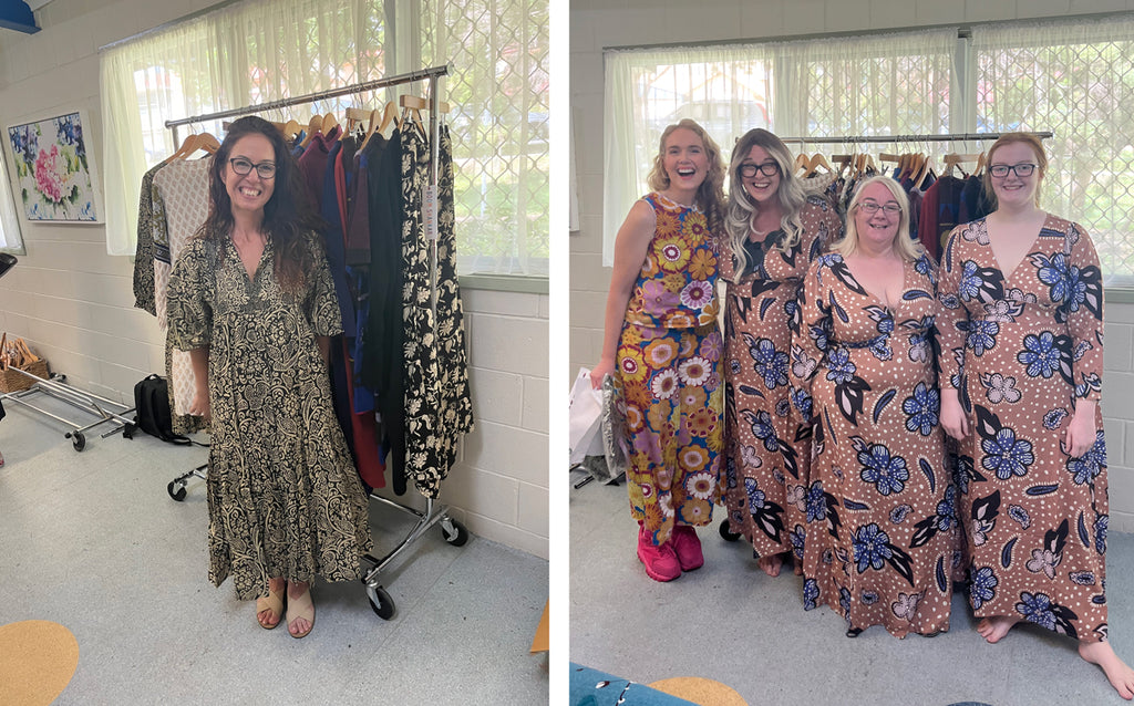 ladies at Beyond DV women's centre wearing their new Boom Shankar Outfits