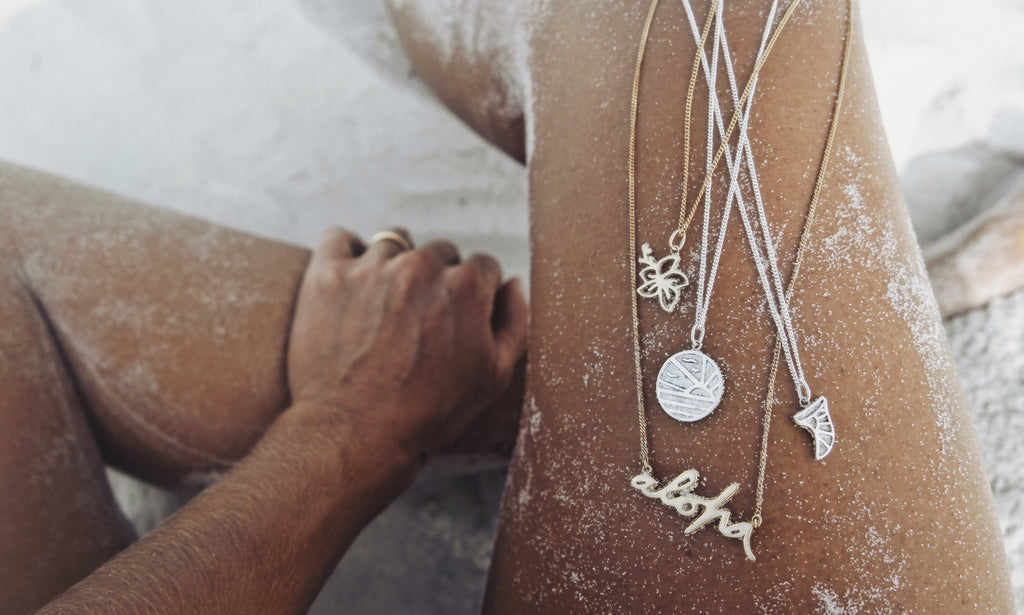 La Luna Rose x Goldfish Kiss Aloha Necklace, Sunset Pendant, Surf Fin & Hibiscus Gold and Silver