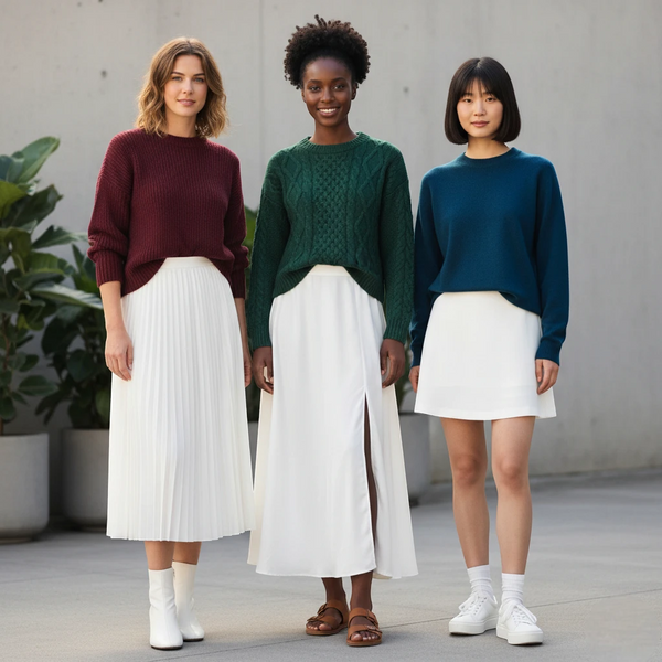 Trois styles avec jupe blanche associée à des couleurs hivernales