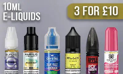 Six e-liquid bottles from different brands in a row on a grey background, with a gold button saying '3 For £10'.