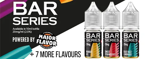Three Bar Series 10ml e-liquids on a black and white background with the Bar Series logo in the top left.