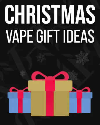 Three wrapped Christmas gift boxes on the right, with whtie text on the left stating Christmas Vape Gift Guide