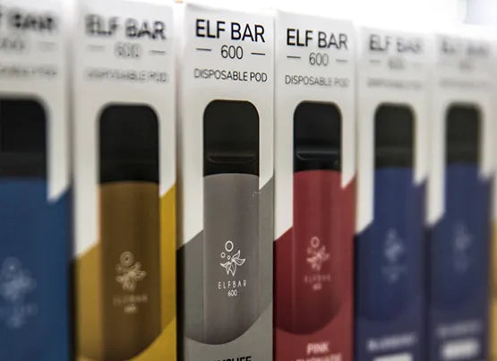 Elf Bar 600 disposable vape boxes, lined up in a row.