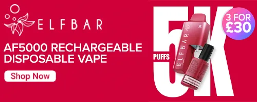 An Elf Bar AF5000 disposable vape on a red background, featuring the Elf Bar logo and 'AF500 rechargeable disposable vape' in white font on the left.