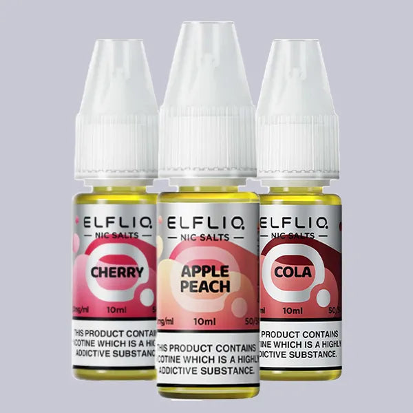 Three bottles of ELFLIQ By Elf Bar vape juice on a grey background.