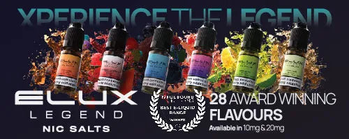 Six ELUX Legend nic salt 10ml bottles on a black background with the words 'xperience the legend' in a blue font in the top centre background.