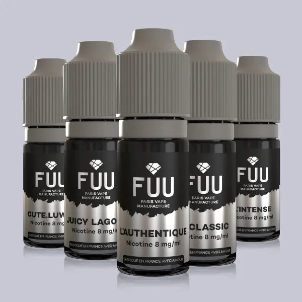 Six Fuu Original Silver 10ml e-liquid bottles in a line on a grey background.