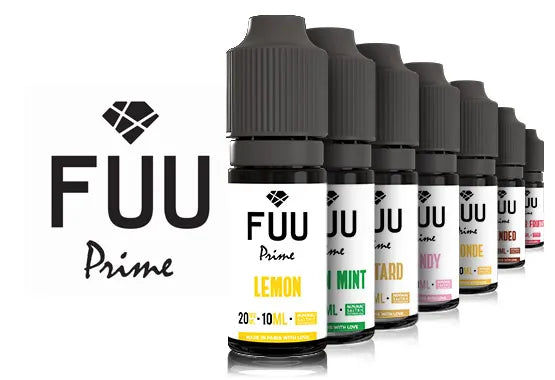 Seven 10ml bottles of Fuu Prime stacks behind another on. a white background with the Fuu Prime logo to the left.