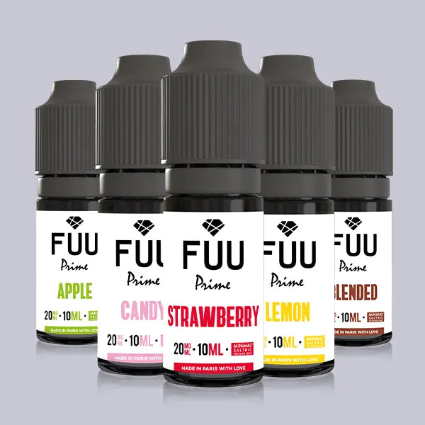 Six Fuu Prime Nic Salt 10ml e-liquid bottles in a line on a grey background.