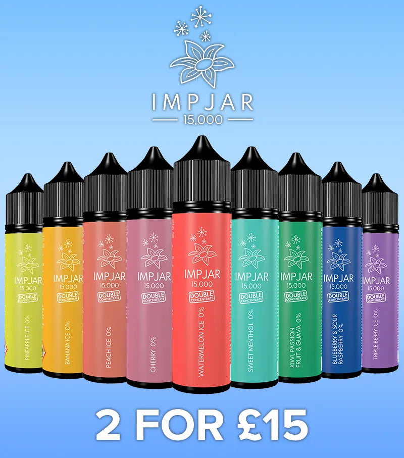 Several bottles of Imp Jar 15,000 50ml shortfills on a light blue background, with the Imp Jar logo to the right and '2 For £15 10 Flavours' on the left.