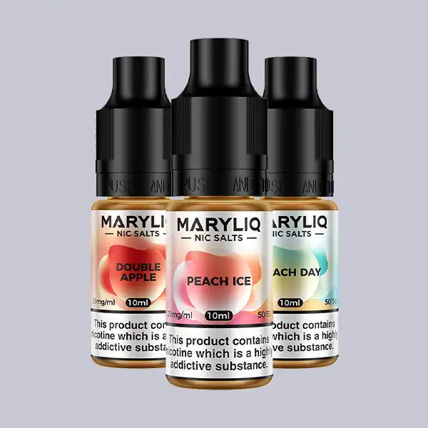 Three bottles of MARYLIQ By Lost Mary vape juice on a grey background.