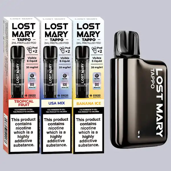 A Lost Mary Tappo Pod Kit and three pod pack boxes on a light grey background.