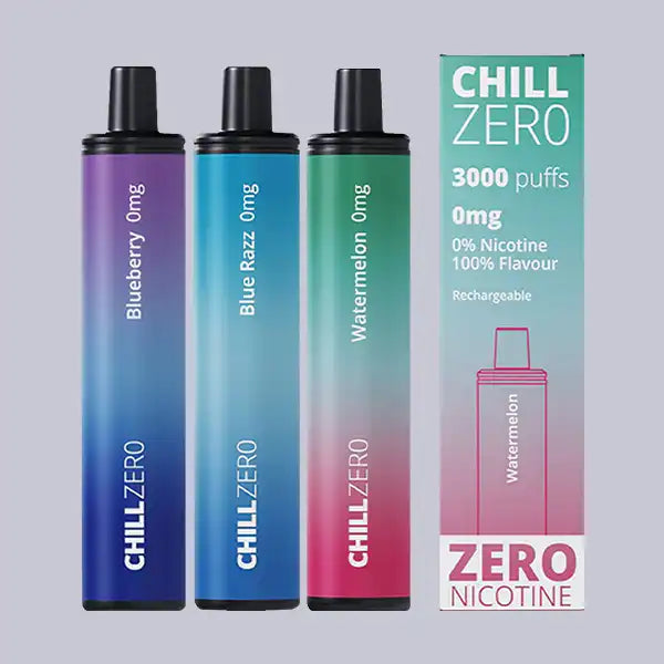 Three Chill Zero 3000 zero nicotine big puff bars on a grey background.