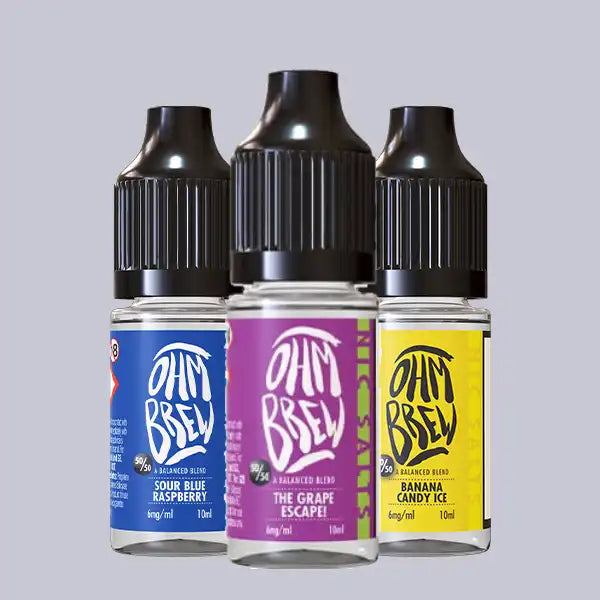 Three Ohm Brew 50/50 nic salt 10ml e-liquids on a grey background.