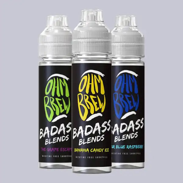 Three Ohm Brew Badass Blends 50ml e-liquids on a grey background.