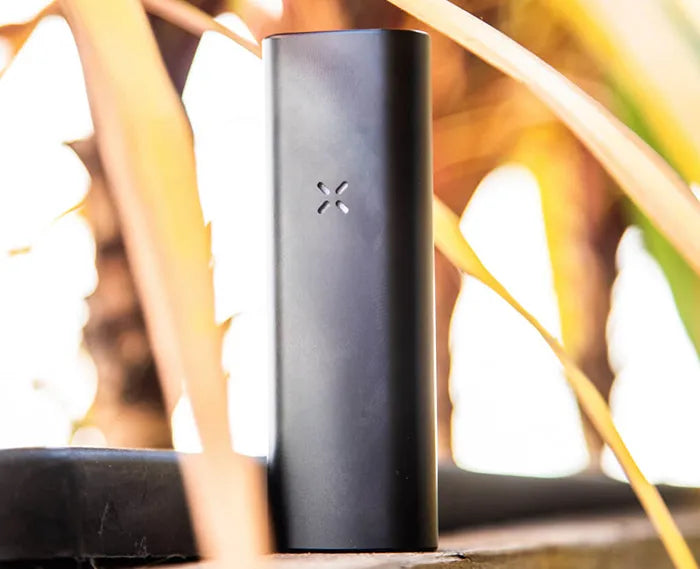 The PAX Plus dry herb vaporizer on a wooden table with plants surrounding.