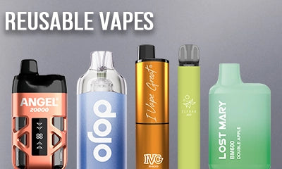 Six reusables vapes in a row on a light grey background.