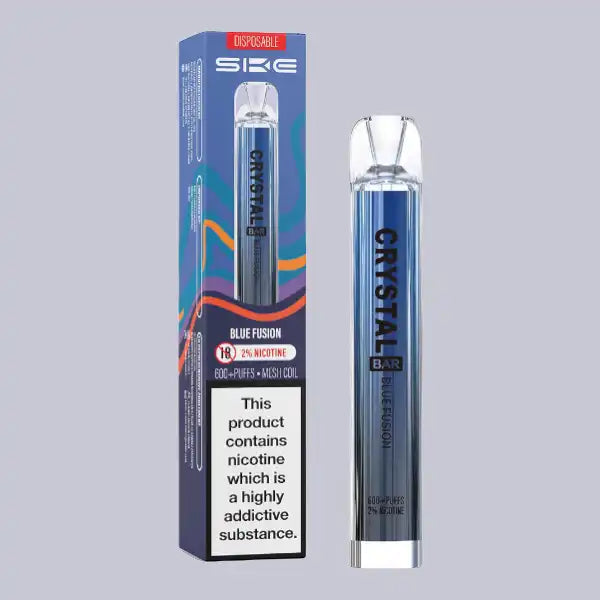 A SKE Crystal Bar blue fusion disposable vape device & box on a light grey background.