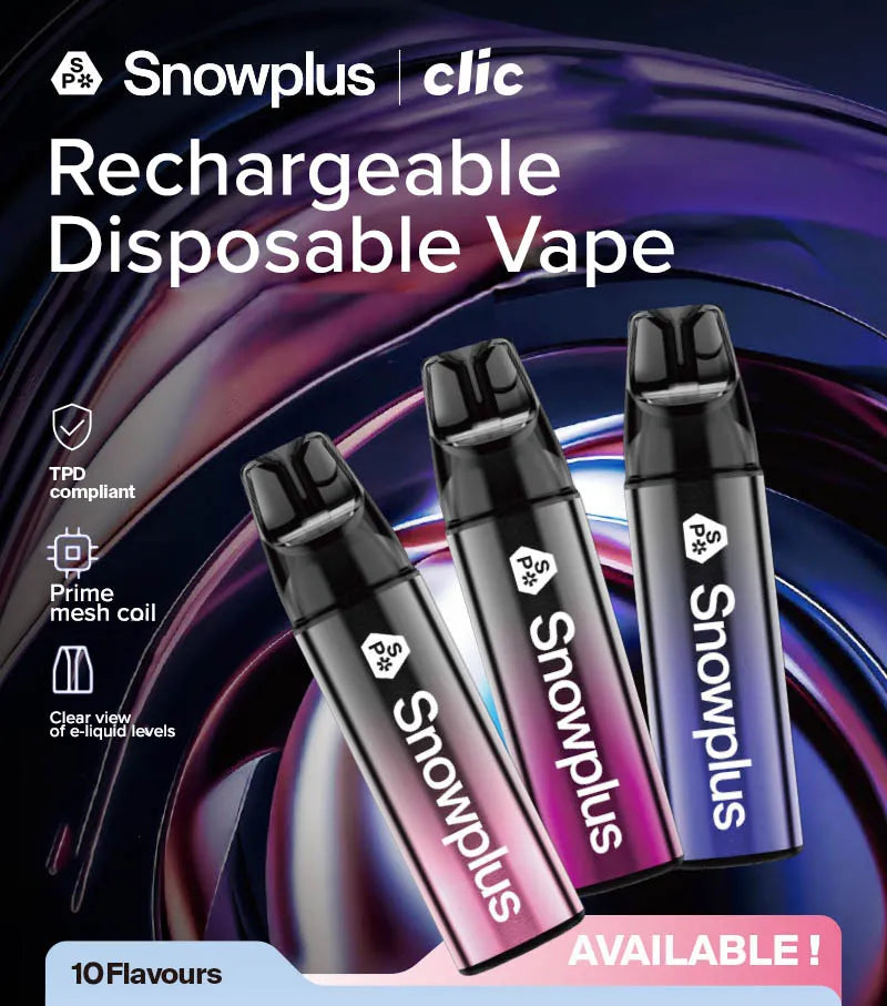 Three Snowplus Clic disposable vapes fanned out on the right, with 10 flavours written in black font on the left hand side.