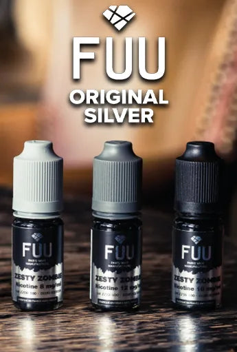 Three 10ml Fuu Original Silver bottles on a dark wooden table, with the Fuu Original Silver logo in white above.