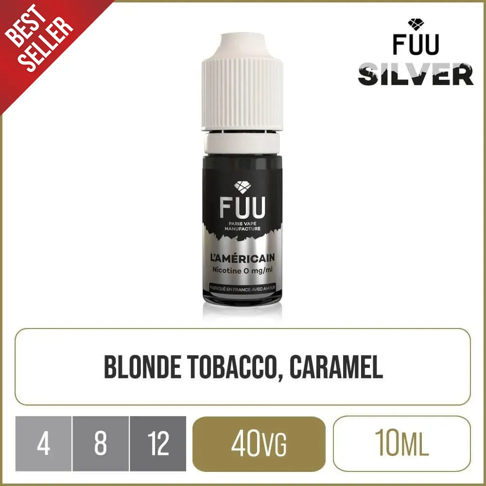 The Fuu Original Silver L'Americain 10ml E-liquid on a white background, with a red corner stating 'Bestseller'.