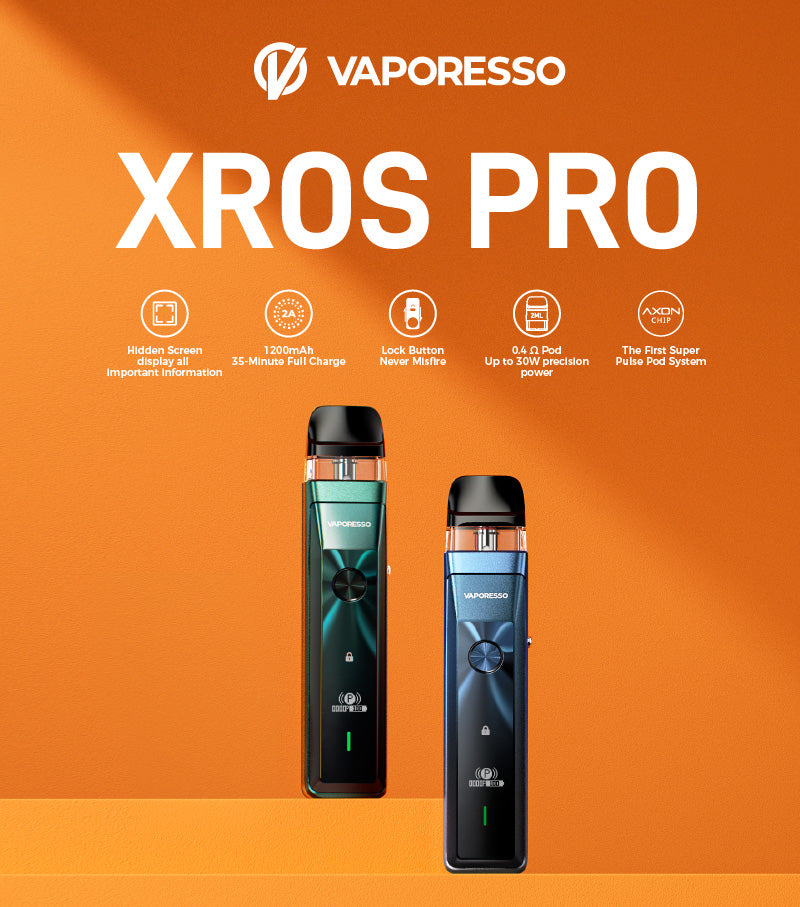 Two Vaporesso XROS PRO devices on an orange background, with the Vaporesso logo in the top right, on House of Vapes - London.