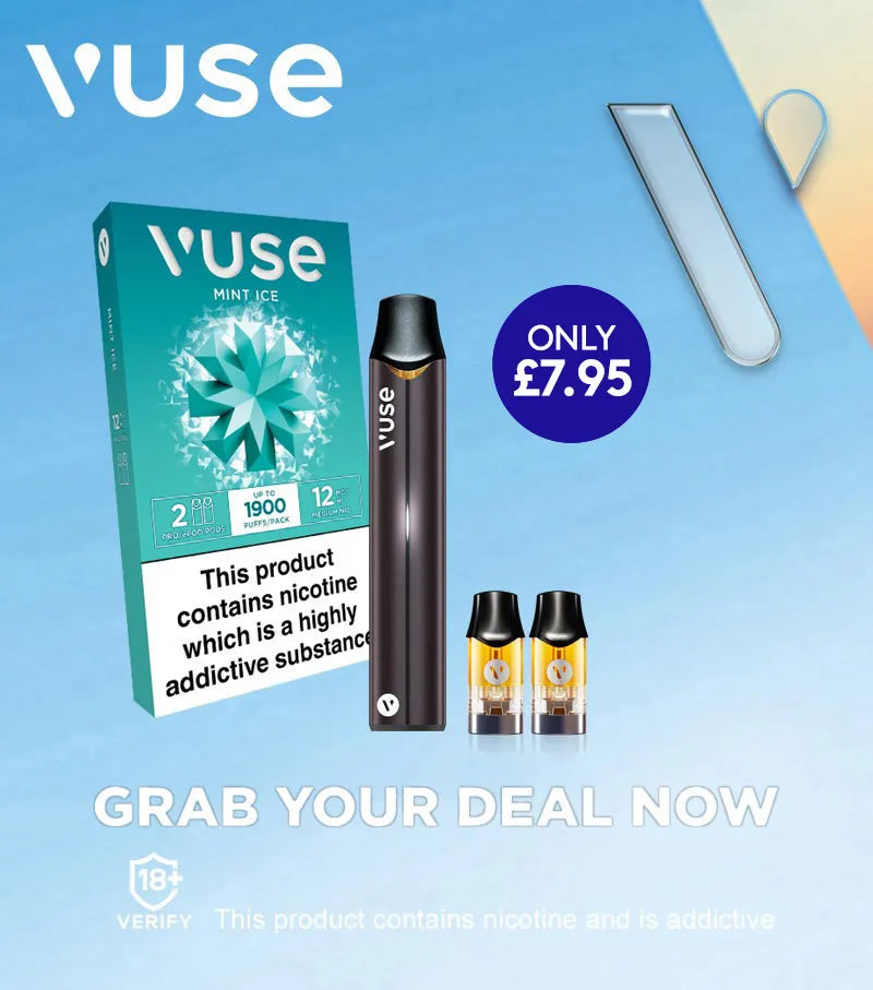 A Vuse Pro with two pods on the right, with 'Vuse, switch to Vuse Pro' on the left.