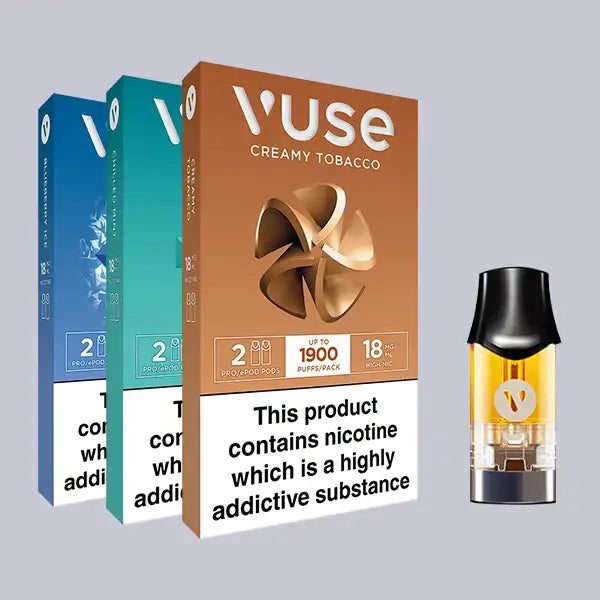 Three Vuse Pro pod boxes on the left with a pod on the right, on a grey background.