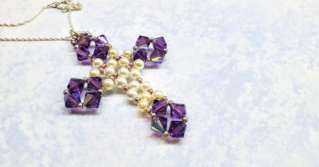 HANDMADE VINTAGE BEAD WOVEN PURPLE CRYSTAL PEARL CROSS NECKLACE-ONLY ONE