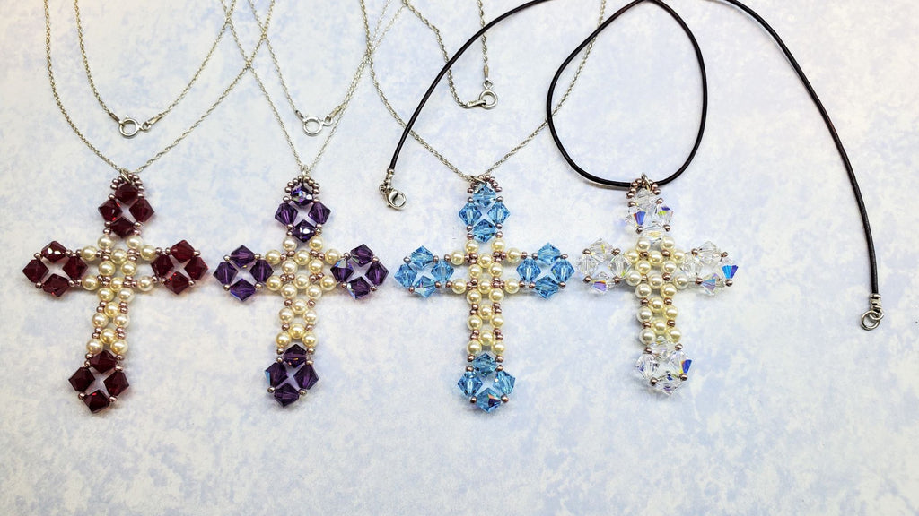 HANDMADE VINTAGE BEAD WOVEN PURPLE CRYSTAL PEARL CROSS NECKLACES-ONLY ONE